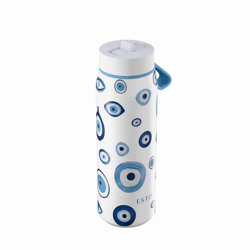 Estia Μπουκάλι Θερμός με Καλαμάκι Pulse 500ml Λευκό με Σχέδιο Μάτια Save the Aegean Spirit of Luck