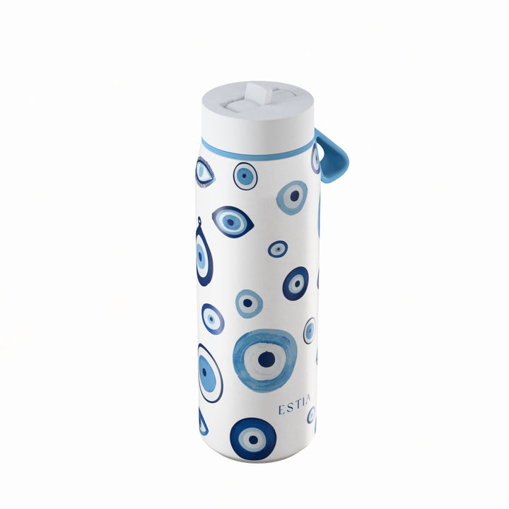 Estia Μπουκάλι Θερμός με Καλαμάκι Pulse 500ml Λευκό με Σχέδιο Μάτια Save the Aegean Spirit of Luck