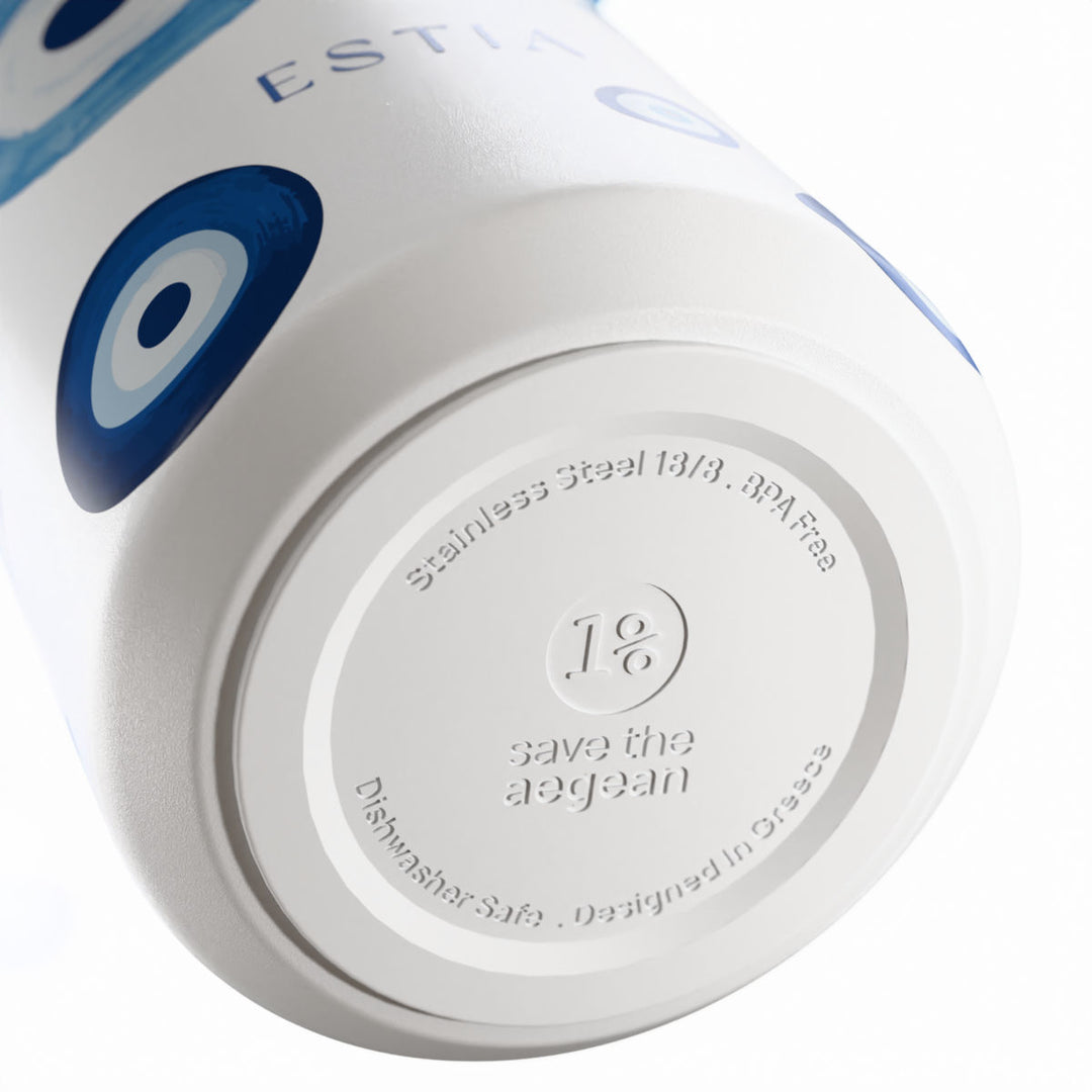 Estia Μπουκάλι Θερμός με Καλαμάκι Pulse 500ml Λευκό με Σχέδιο Μάτια Save the Aegean Spirit of Luck