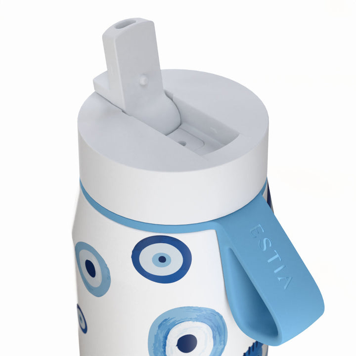 Estia Μπουκάλι Θερμός με Καλαμάκι Pulse 500ml Λευκό με Σχέδιο Μάτια Save the Aegean Spirit of Luck