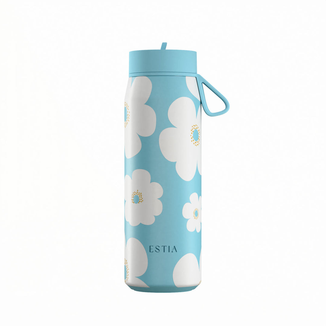 Estia Μπουκάλι Θερμός με Καλαμάκι Pulse 500ml Γαλάζιο με Σχέδιο Λευκές Μαργαρίτες Save the Aegean Blue Daisy