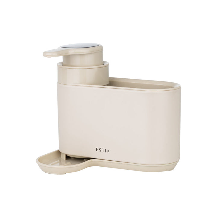 Δοχείο υγρού πιάτων Inoxa Estia σε εκρού απόχρωση, με αντλία, ενσωματωμένη θήκη σφουγγαριού και βάση συλλογής νερού.