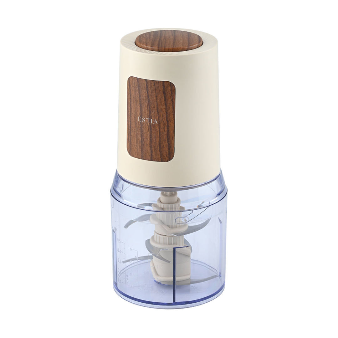 Πολυκόπτης Estia Pure Cream 400W σε πλάγια όψη, με κρεμ σώμα, ξύλινη όψη και διάφανο μπολ 500ml.