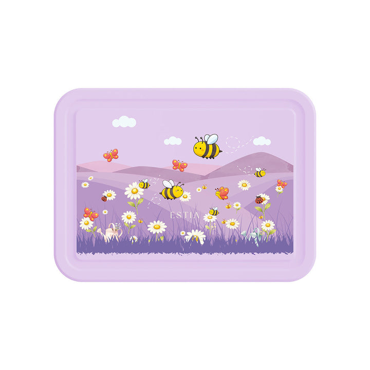 Πάνω όψη παιδικού φαγητοδοχείου Garden Friends Estia με λιλά καπάκι και πολύχρωμο σχέδιο με μέλισσες και λουλούδια.