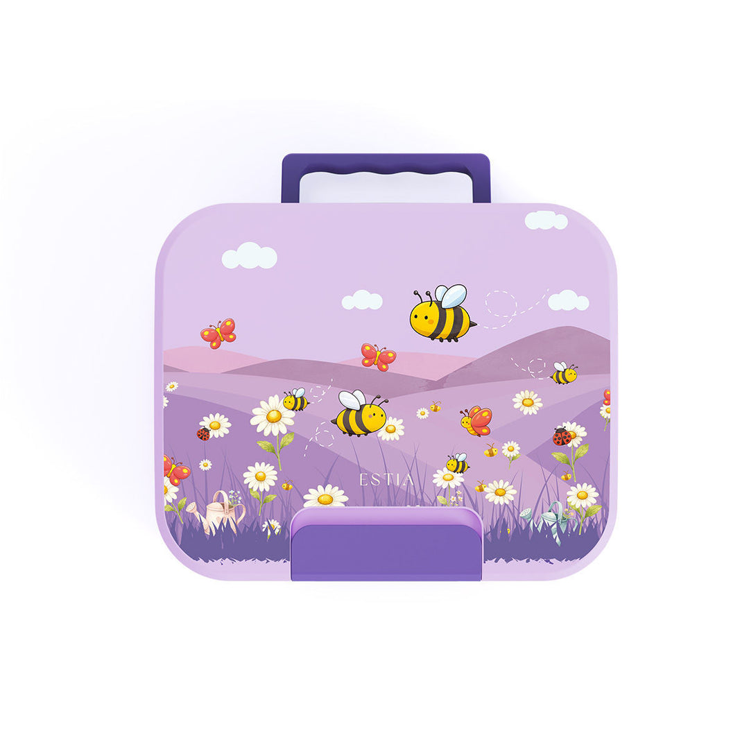 Παιδικό φαγητοδοχείο Estia Garden Friends σε λιλά απόχρωση, με λαβή μεταφοράς και σχέδιο με μέλισσες, πεταλούδες και λουλούδια.