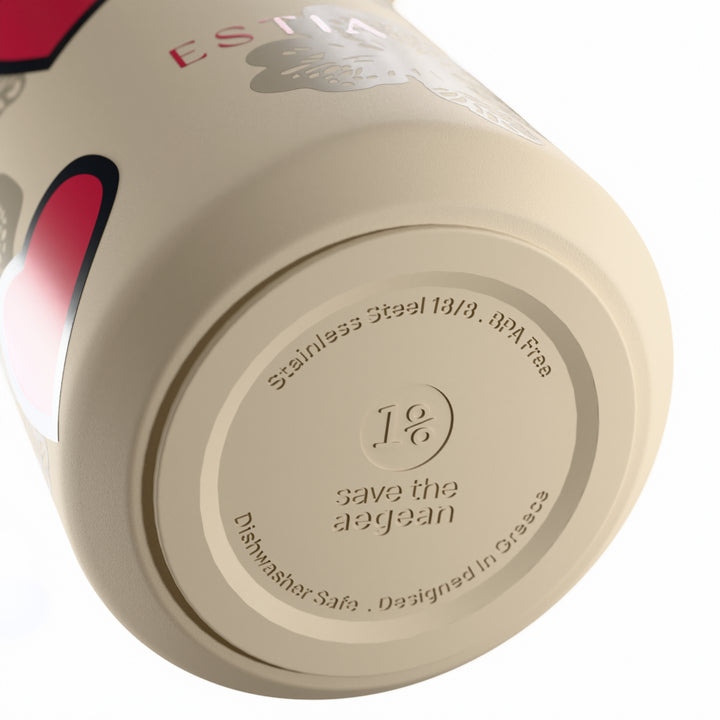 Estia Μπουκάλι Θερμός με Καλαμάκι Pulse 500ml Μπεζ με Κόκκινες Καρδιές Save the Aegean Tender Lace