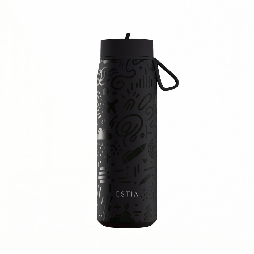 Estia Μπουκάλι Θερμός με Καλαμάκι Pulse 500ml Μαύρο με Ανάγλυφα Σχέδια Save the Aegean Noir Echo