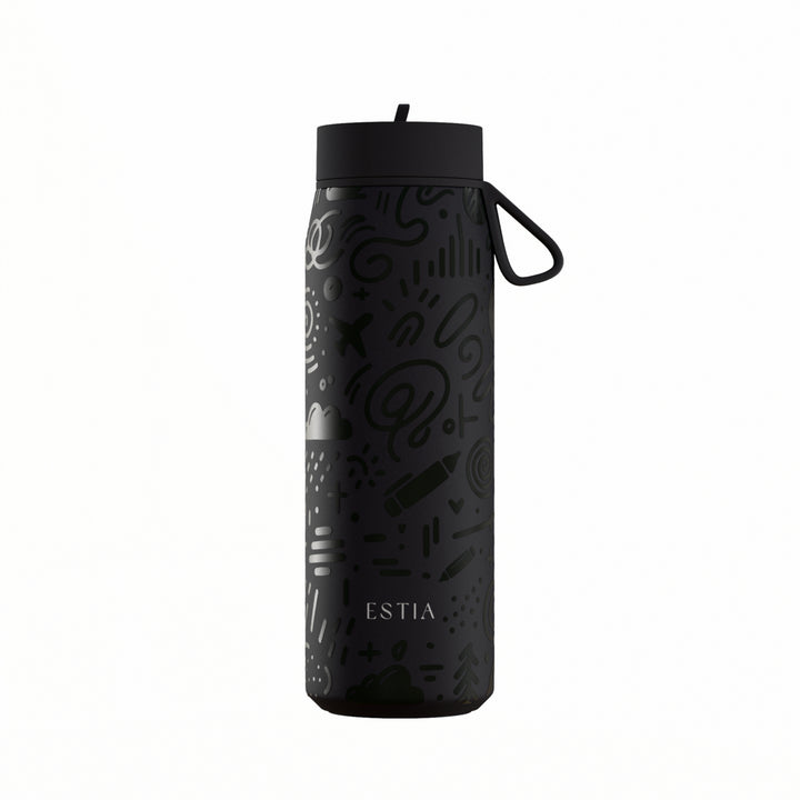 Estia Μπουκάλι Θερμός με Καλαμάκι Pulse 500ml Μαύρο με Ανάγλυφα Σχέδια Save the Aegean Noir Echo