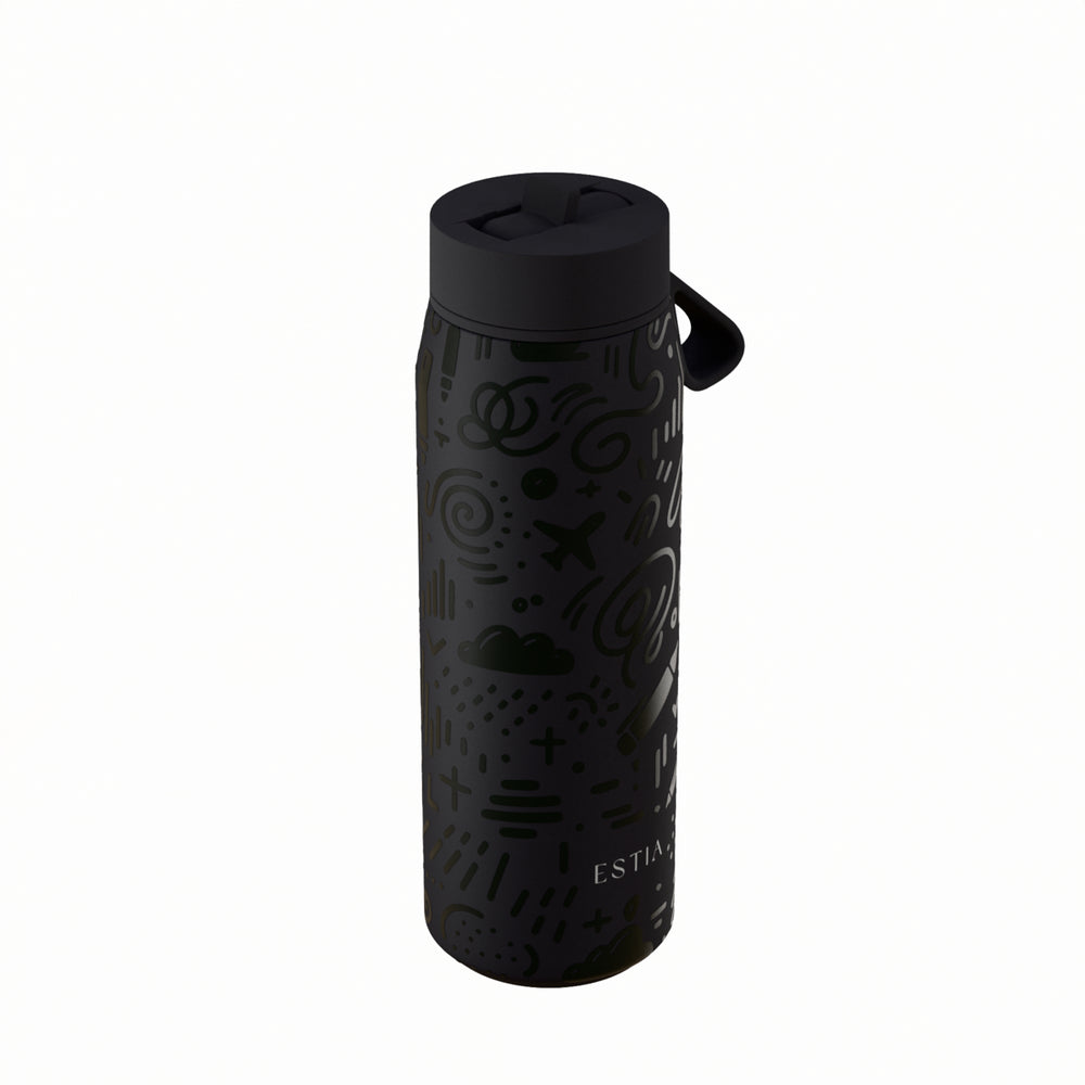 Estia Μπουκάλι Θερμός με Καλαμάκι Pulse 500ml Μαύρο με Ανάγλυφα Σχέδια Save the Aegean Noir Echo