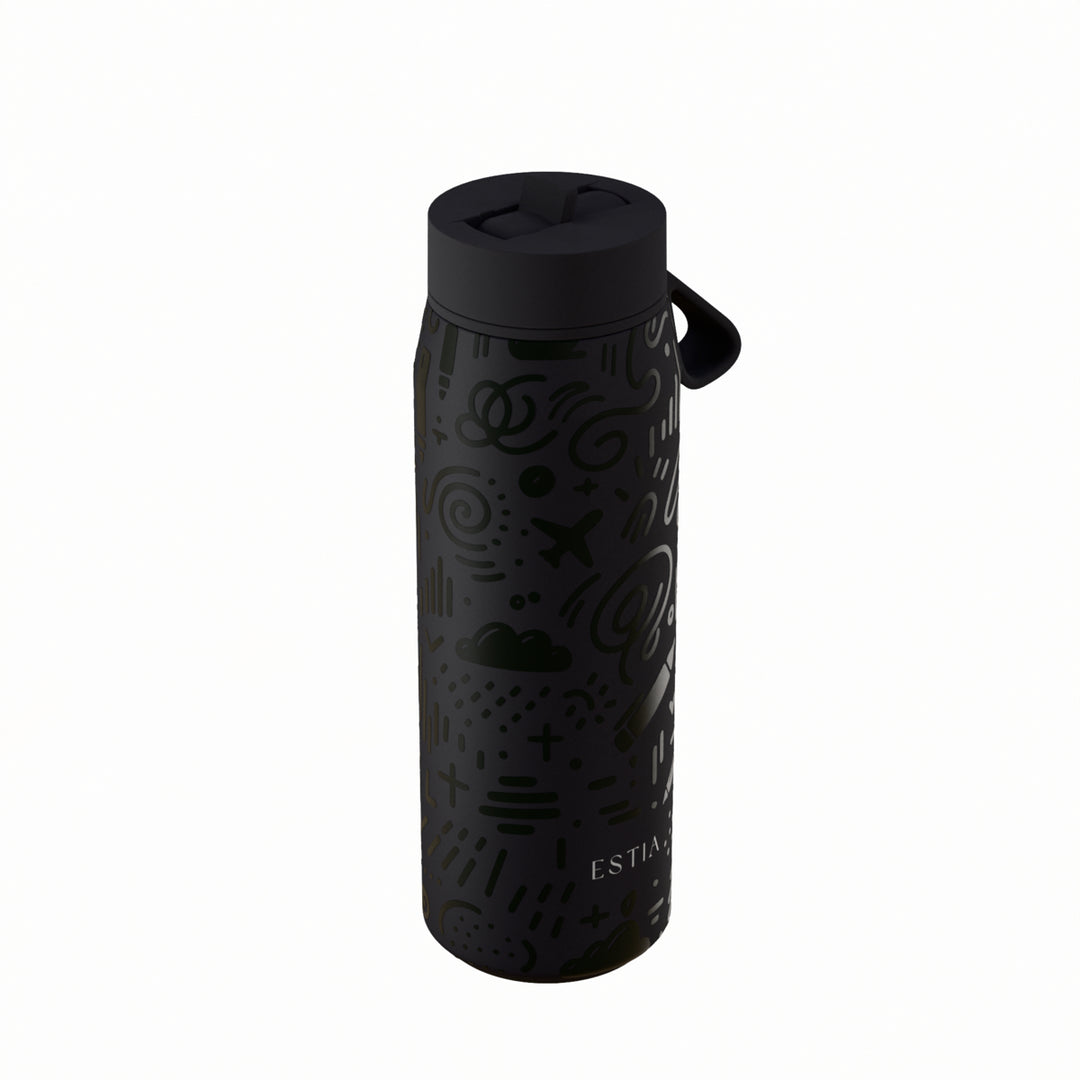 Estia Μπουκάλι Θερμός με Καλαμάκι Pulse 500ml Μαύρο με Ανάγλυφα Σχέδια Save the Aegean Noir Echo