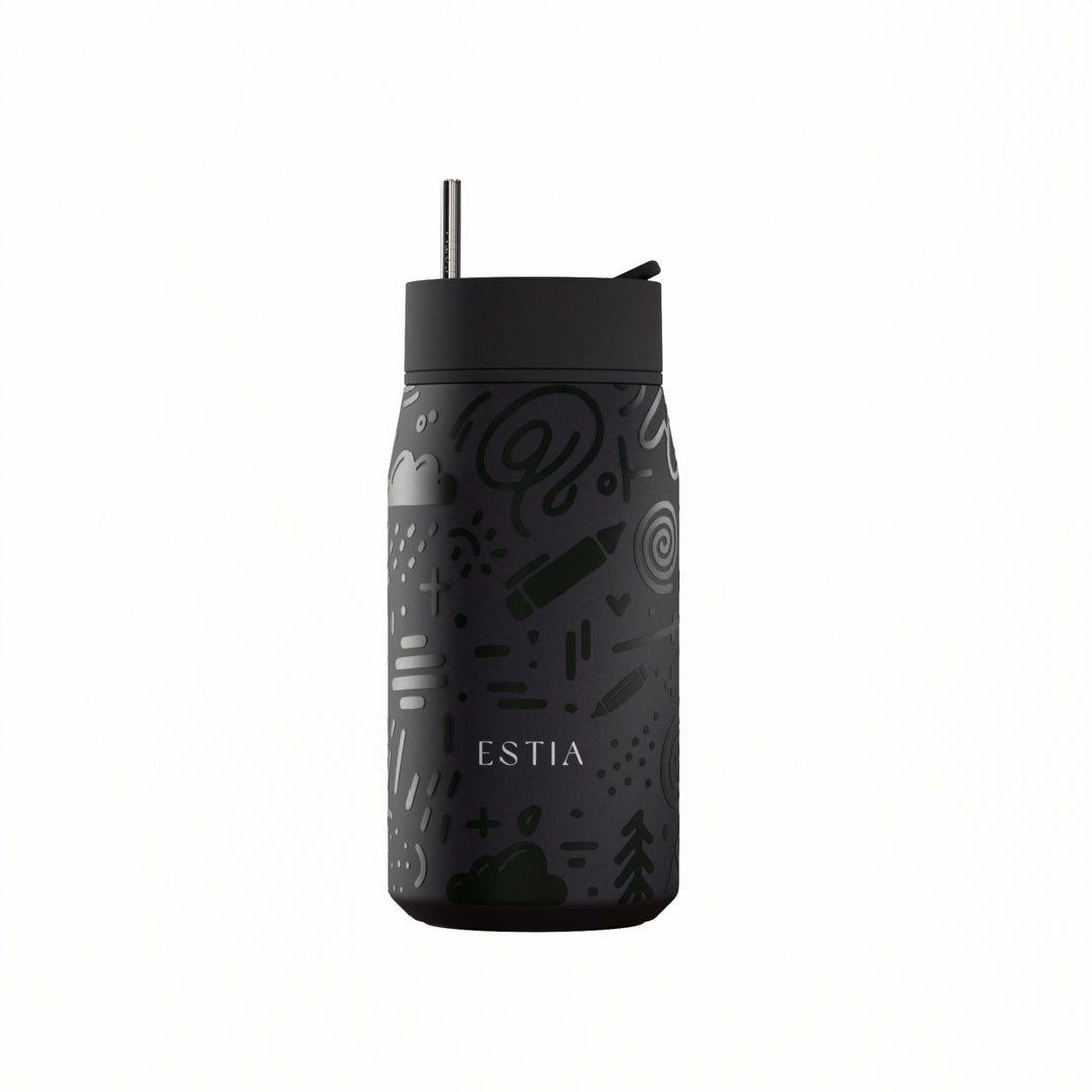 Estia Ποτήρι Θερμός με Ανοξείδωτο Καλαμάκι 360ml Μαύρο με Ανάγλυφα Σχέδια Lens Save the Aegean Noir Echo