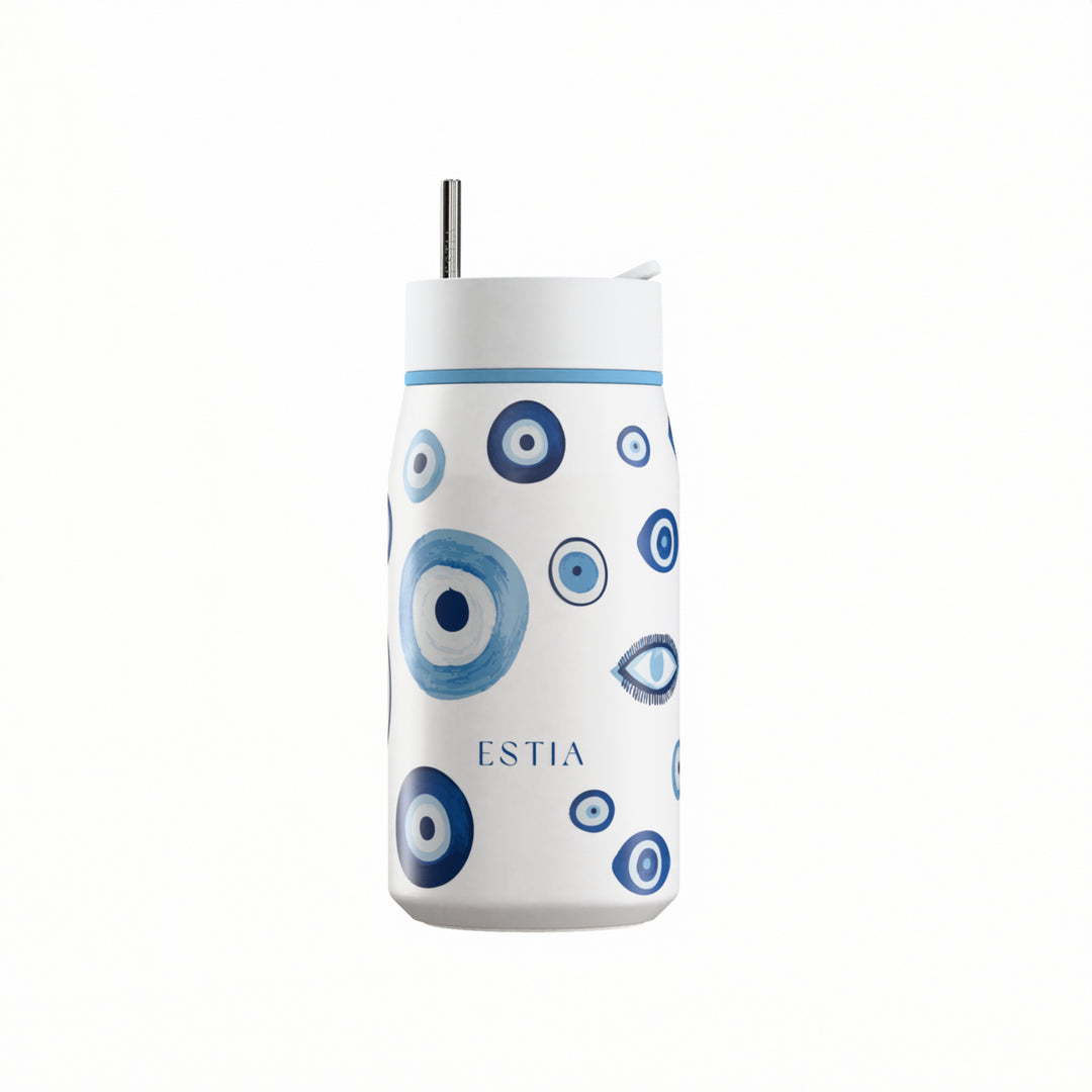 Estia Ποτήρι Θερμός με Ανοξείδωτο Καλαμάκι 360ml Λευκό-Γαλάζιο με σχέδιο Μάτια Lens Save the Aegean Spirit of Luck