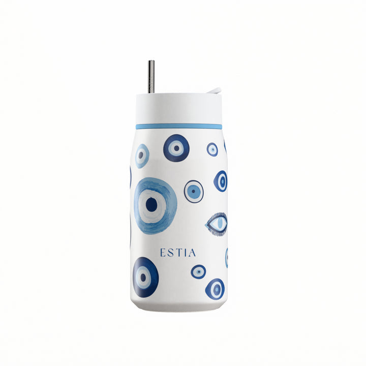 Estia Ποτήρι Θερμός με Ανοξείδωτο Καλαμάκι 360ml Λευκό-Γαλάζιο με σχέδιο Μάτια Lens Save the Aegean Spirit of Luck
