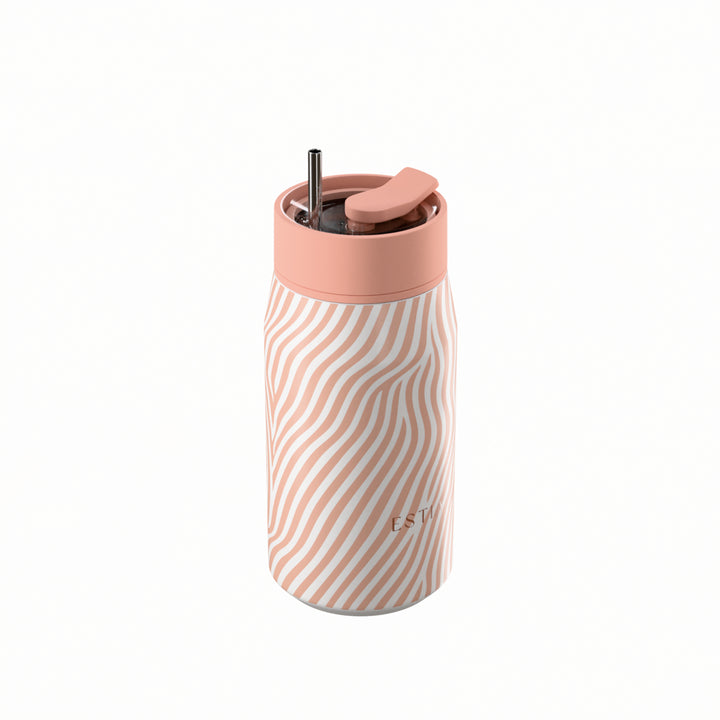 Estia Ποτήρι Θερμός με Ανοξείδωτο Καλαμάκι 360ml Ριγέ Σχέδιο Ροζ-Λευκό Lens Save the Aegean Soft Ripple