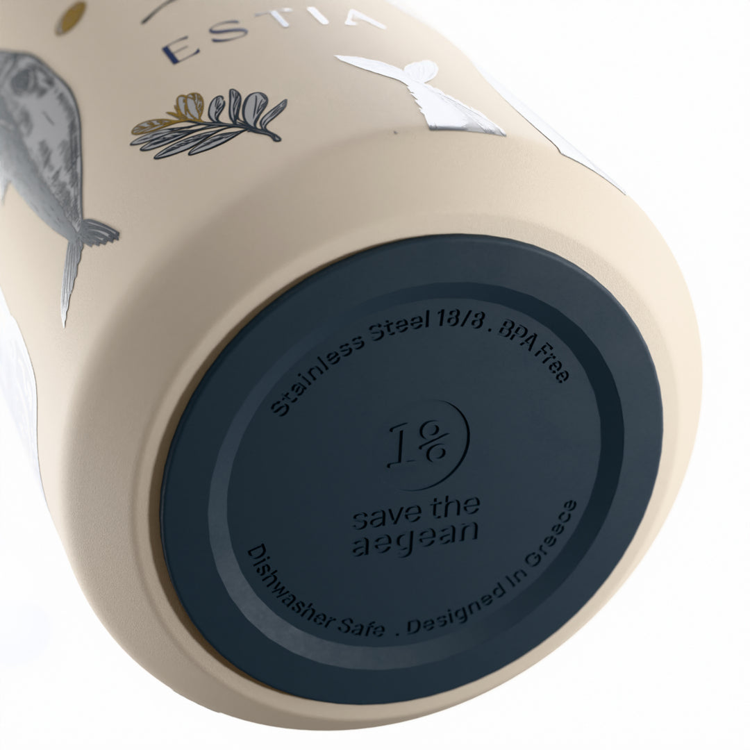 Estia Ποτήρι Θερμός με Ανοξείδωτο Καλαμάκι 360ml Μπεζ με Μπλε Σαρδέλες Lens Save the Aegean Salt Life