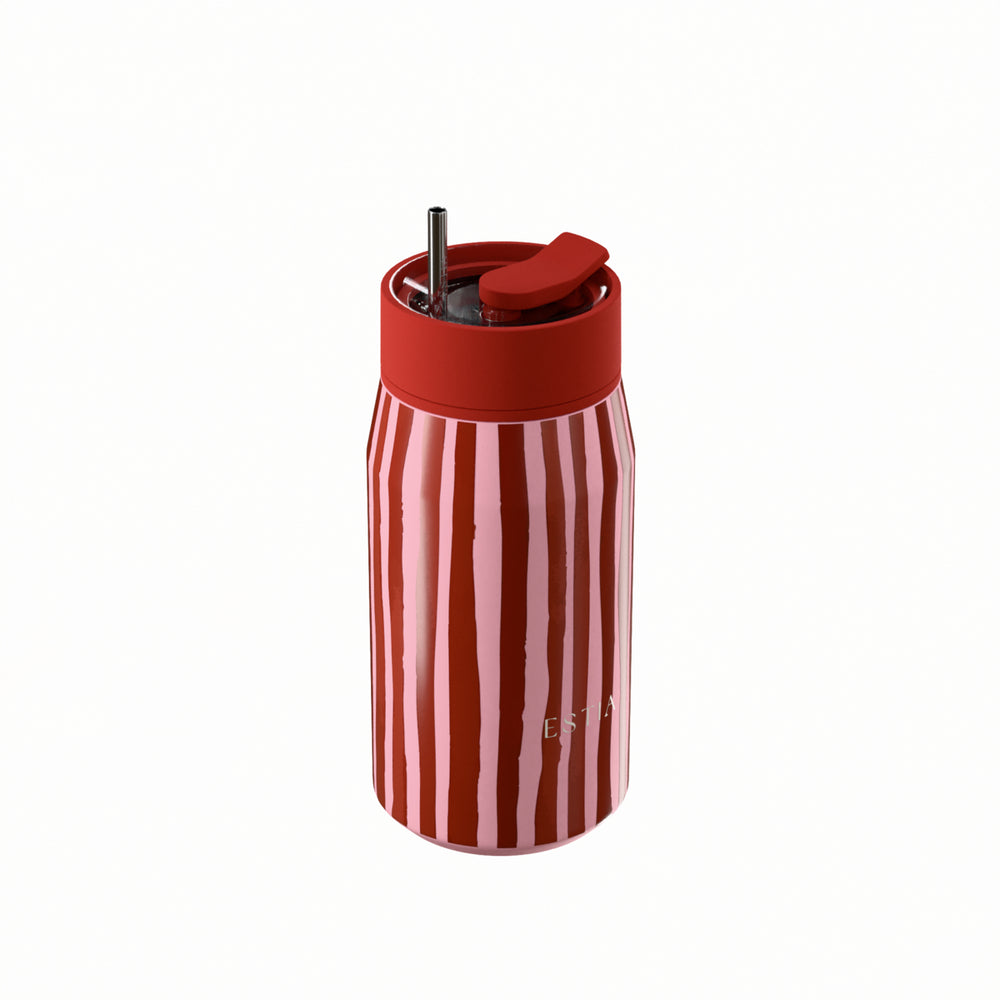 Estia Ποτήρι Θερμός με Ανοξείδωτο Καλαμάκι 360ml Ριγέ Σχέδιο Κόκκινο-Ροζ Lens Save the Aegean Viva Stripe