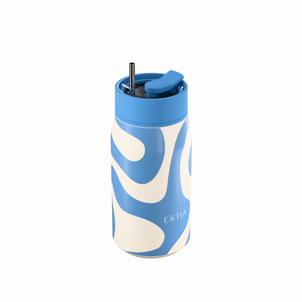 Estia Ποτήρι Θερμός με Ανοξείδωτο Καλαμάκι 360ml Γαλάζιο-Λευκό Lens Save the Aegean Ocean Waves