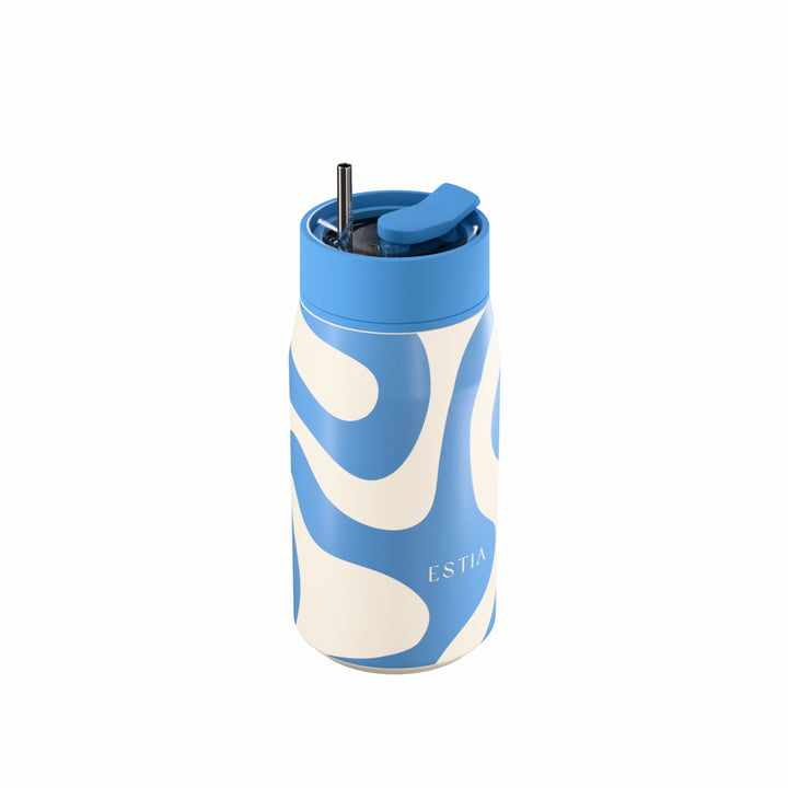 Estia Ποτήρι Θερμός με Ανοξείδωτο Καλαμάκι 360ml Γαλάζιο-Λευκό Lens Save the Aegean Ocean Waves