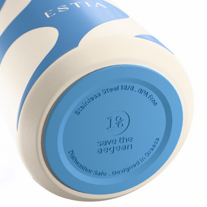 Estia Ποτήρι Θερμός με Ανοξείδωτο Καλαμάκι 360ml Γαλάζιο-Λευκό Lens Save the Aegean Ocean Waves