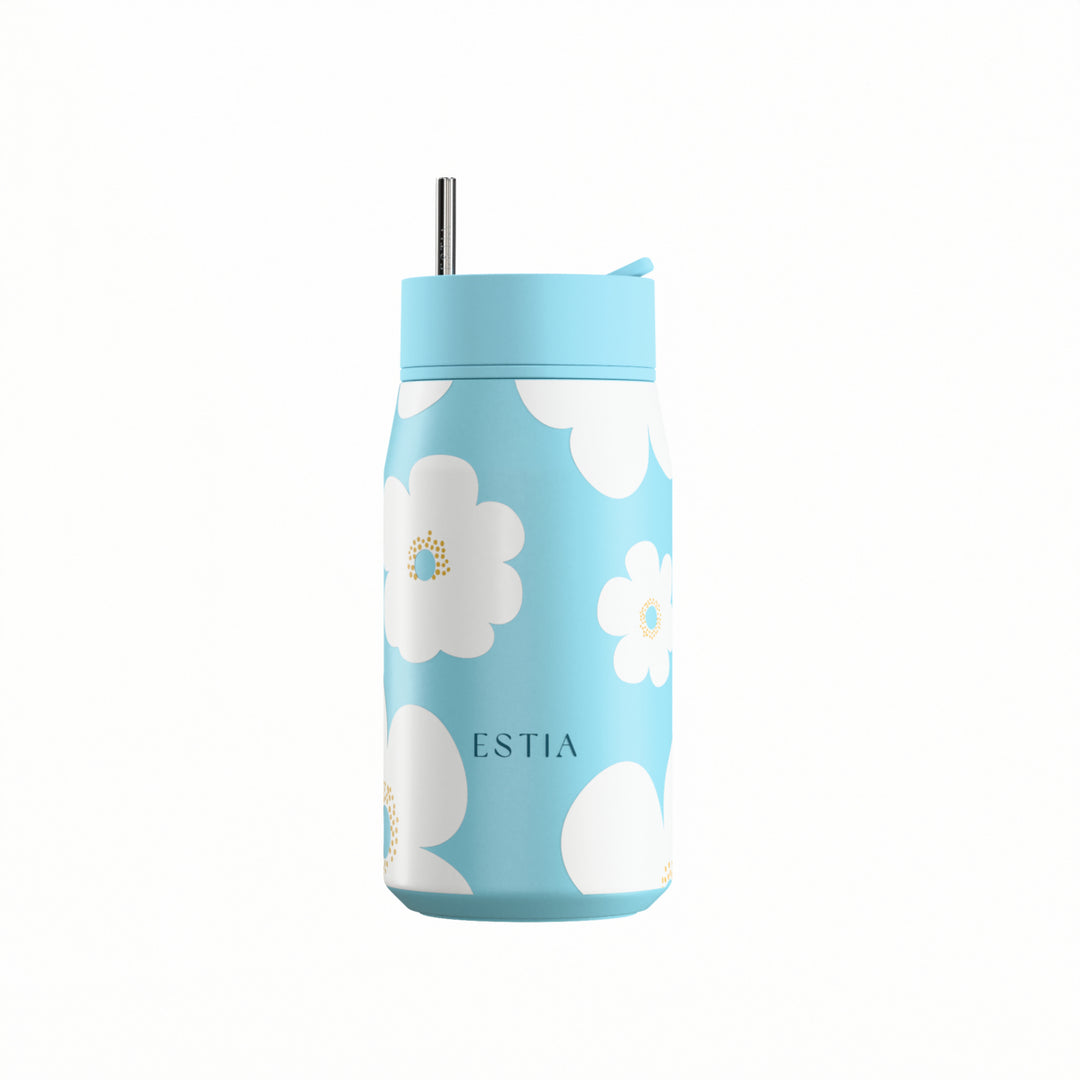 Estia Ποτήρι Θερμός με Ανοξείδωτο Καλαμάκι 360ml Γαλάζιο με Λευκές Μαργαρίτες Lens Save the Aegean Blue Daisy