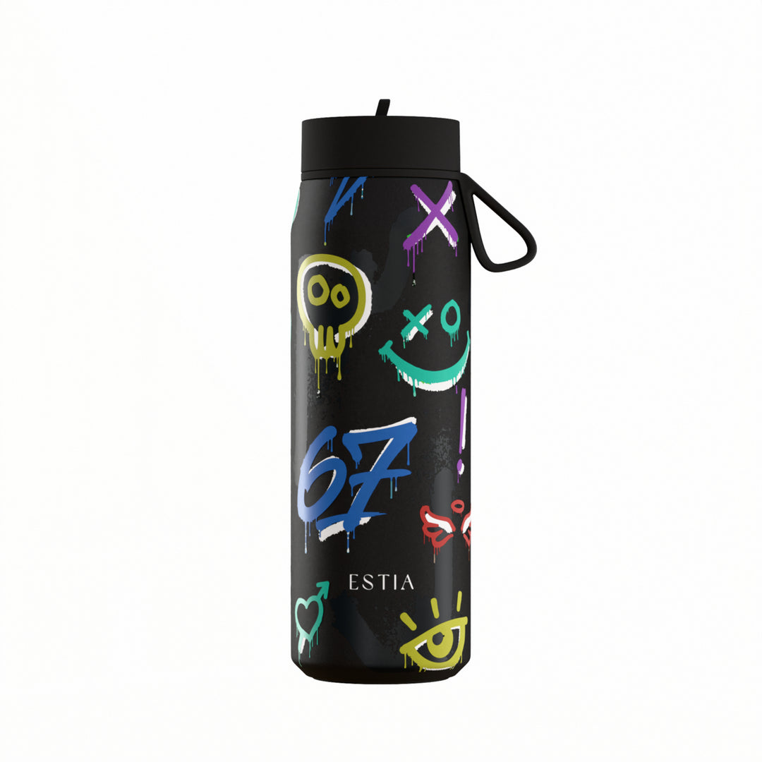 Estia Μπουκάλι Θερμός με Καλαμάκι Pulse 500ml Μαύρο με Σχέδιο Graffiti Save the Aegean Six Seven