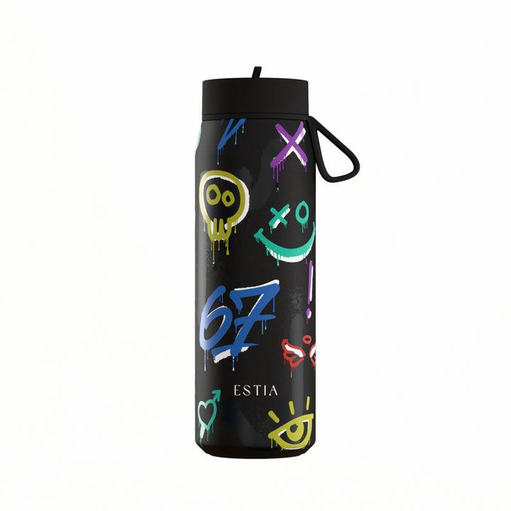Estia Μπουκάλι Θερμός με Καλαμάκι Pulse 500ml Μαύρο με Σχέδιο Graffiti Save the Aegean Six Seven