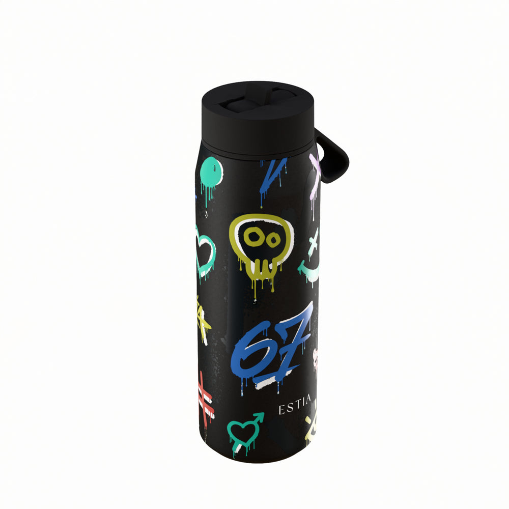 Estia Μπουκάλι Θερμός με Καλαμάκι Pulse 500ml Μαύρο με Σχέδιο Graffiti Save the Aegean Six Seven