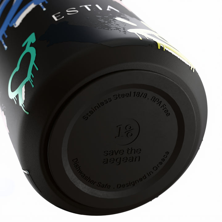 Estia Μπουκάλι Θερμός με Καλαμάκι Pulse 500ml Μαύρο με Σχέδιο Graffiti Save the Aegean Six Seven