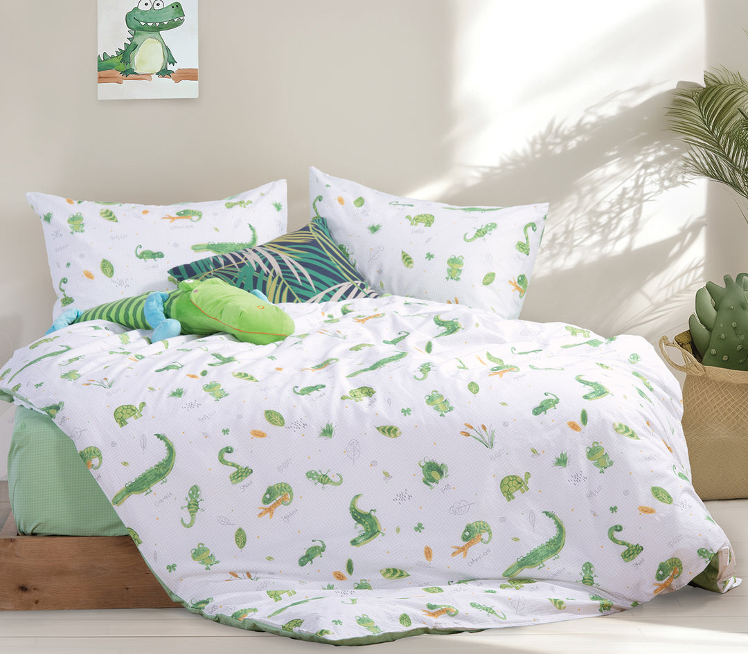Παιδικά Σετ Σεντόνια Μονά Λευκό-Πράσινο Cute Reptiles 170X260 Nef-Nef Homeware