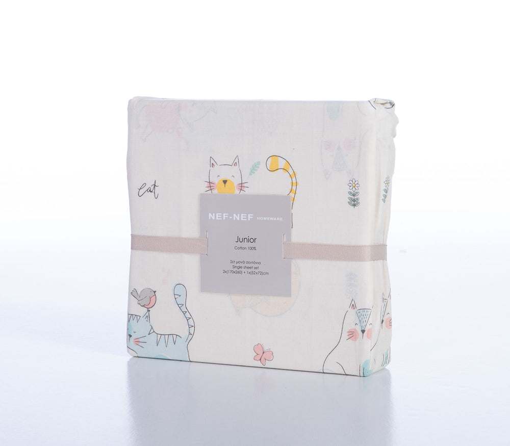 Σετ Παιδικά Σεντόνια Εκρού Cat Life 170X260cm Nef-Nef Homeware