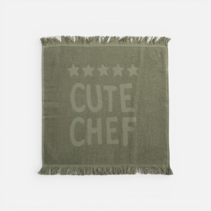 Ποτηρόπανο Πράσινο Βαμβακερό Cute Chef, παρουσίαση προϊόντος σε καθαρό φόντο με έμφαση στο σχέδιο, την απόχρωση και τις βασικές λεπτομέρειες της Nef-Nef Homeware.