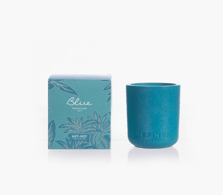 Αρωματικό χώρου Blue με στικς της Nef-Nef Homeware σε μπλε δοχείο με μαύρα στικς και συσκευασία δίπλα.