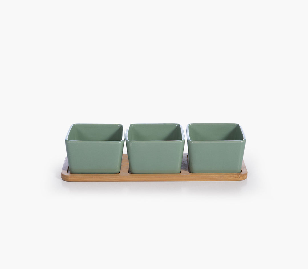 Κεραμικά Μπολ Πράσινα (3τμχ) σε Ξύλινη Bamboo Βάση Sage Nef-Nef Homeware