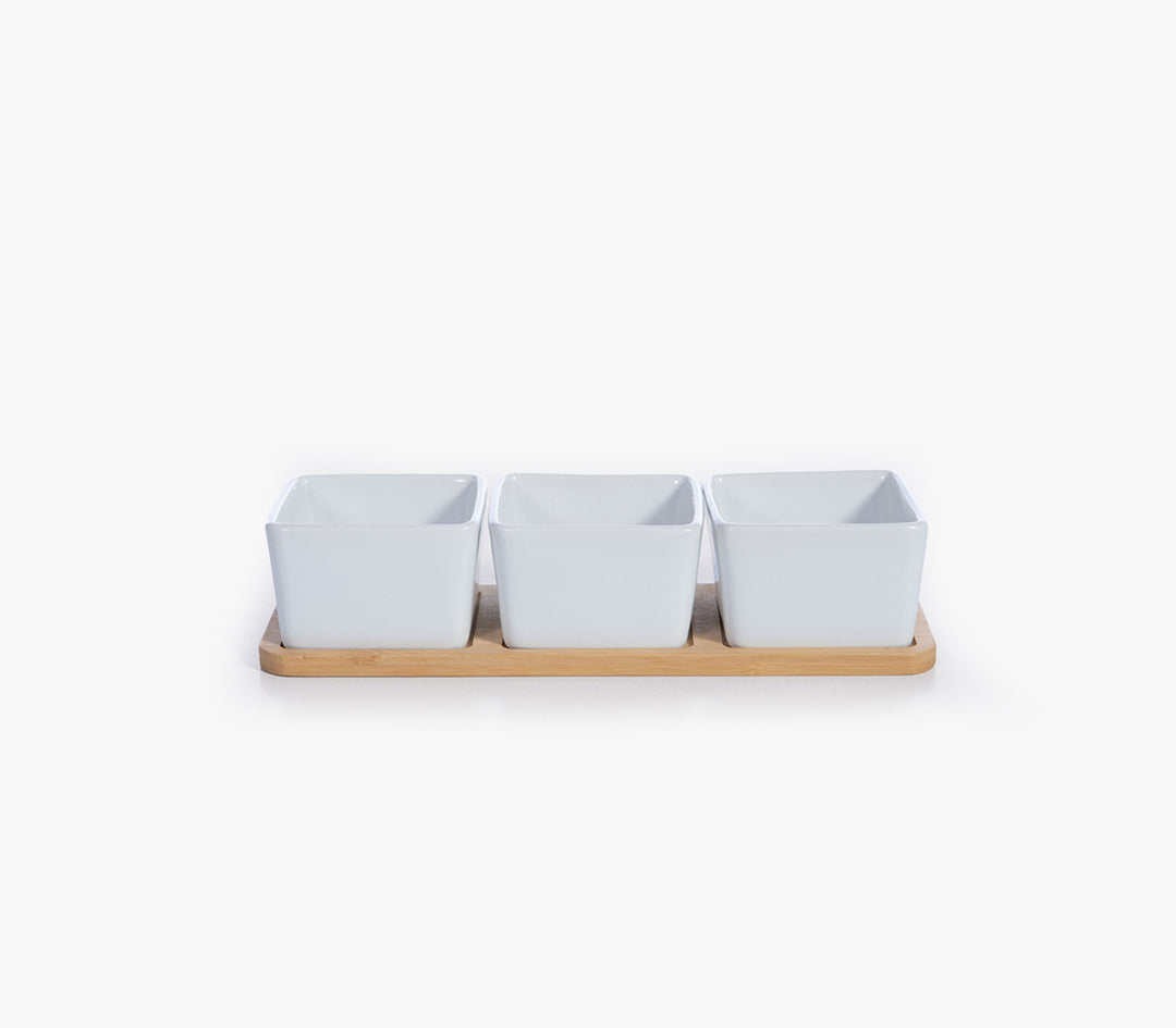 Κεραμικά Μπολ Λευκά (3τμχ) σε Ξύλινη Bamboo Βάση Sage Nef-Nef Homeware