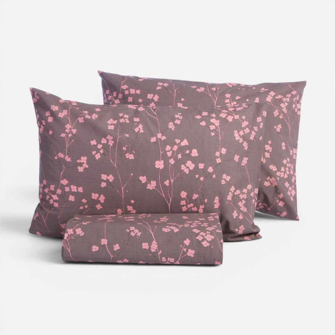 Βαμβακερό σετ παπλωματοθήκη Floriva Nef-Nef Homeware σε καφέ απόχρωση με ροζ λουλουδάτο σχέδιο.