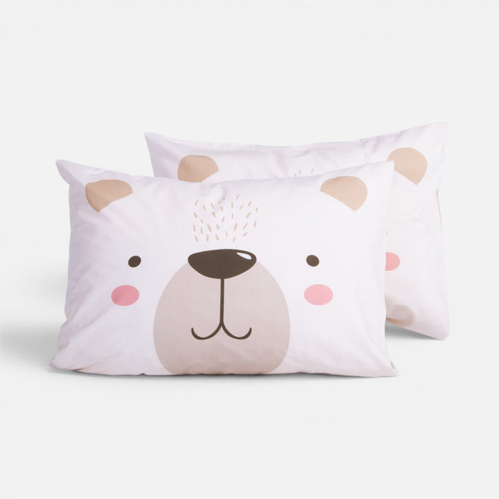 Παιδική μαξιλαροθήκη ύπνου Happy Bear Nef-Nef Homeware σε εκρού απόχρωση, με χαριτωμένο σχέδιο προσώπου αρκούδας και ροζ λεπτομέρειες.