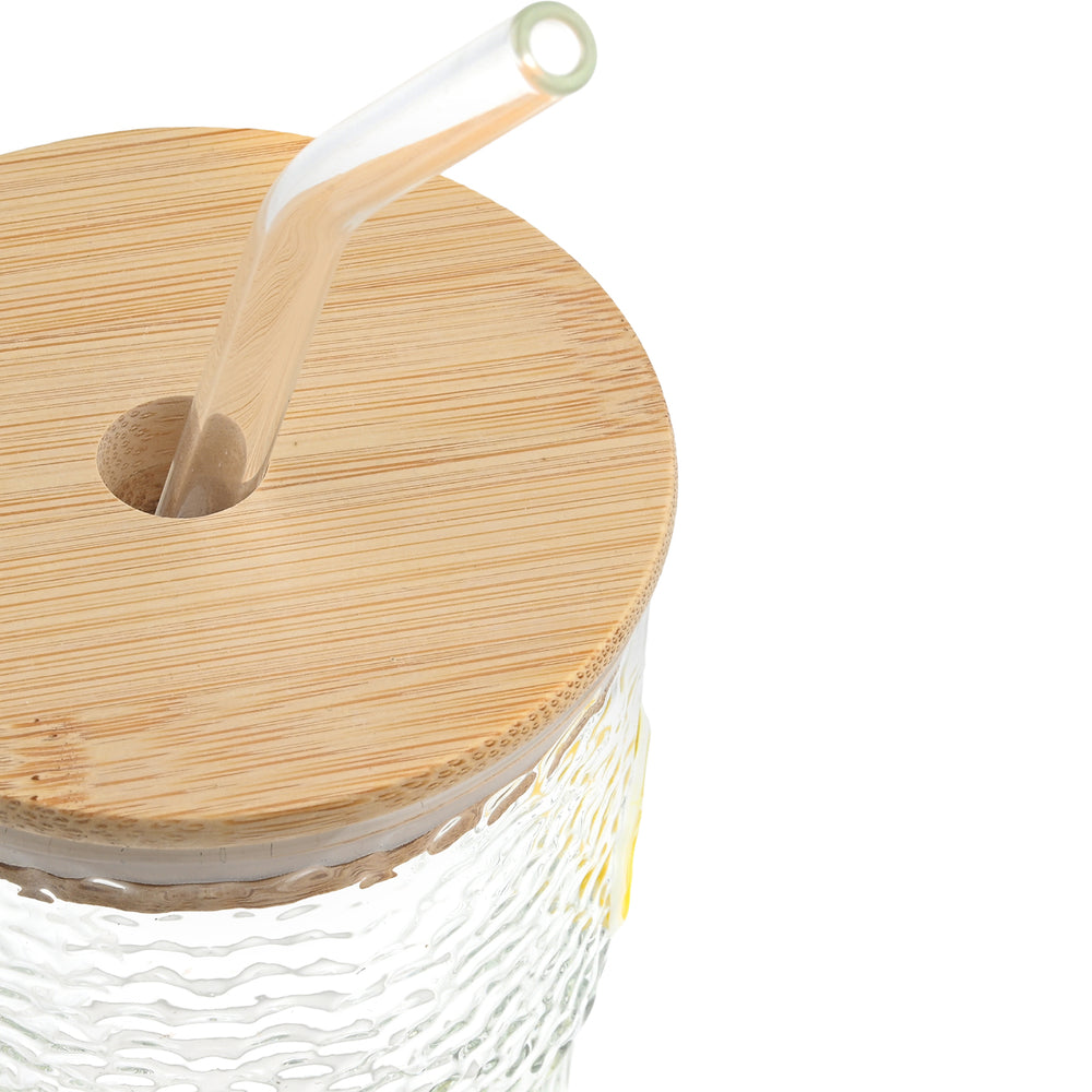 Ποτήρι Νερού Γυάλινο με Bamboo Καπάκι & Καλαμάκι και Σχέδιο Λεμόνια 420ml Estia