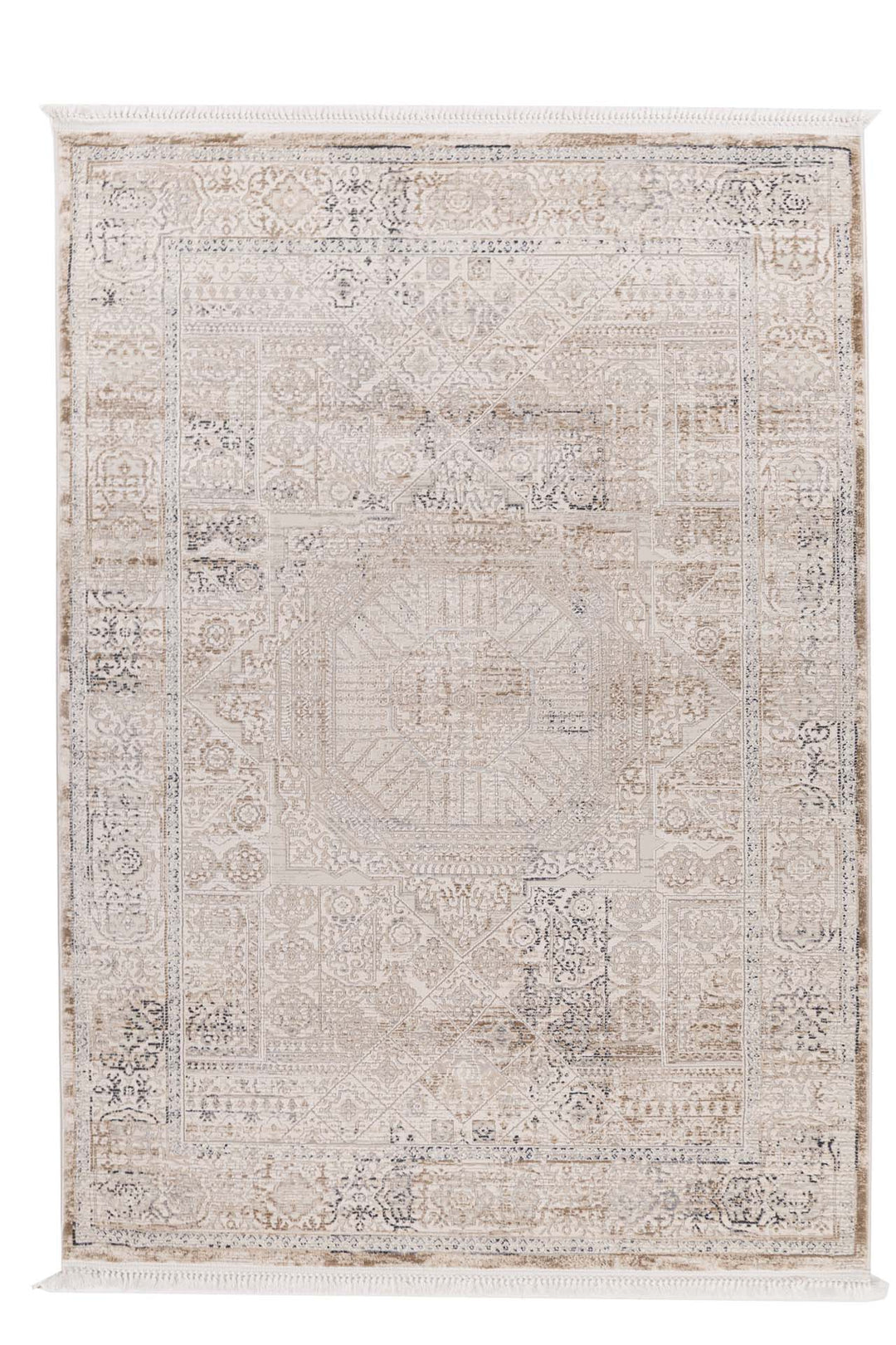 Ολόκληρο vintage χαλί Royal Carpet σε γκρι-μπεζ αποχρώσεις με περίτεχνο συμμετρικό σχέδιο και κρόσσια.