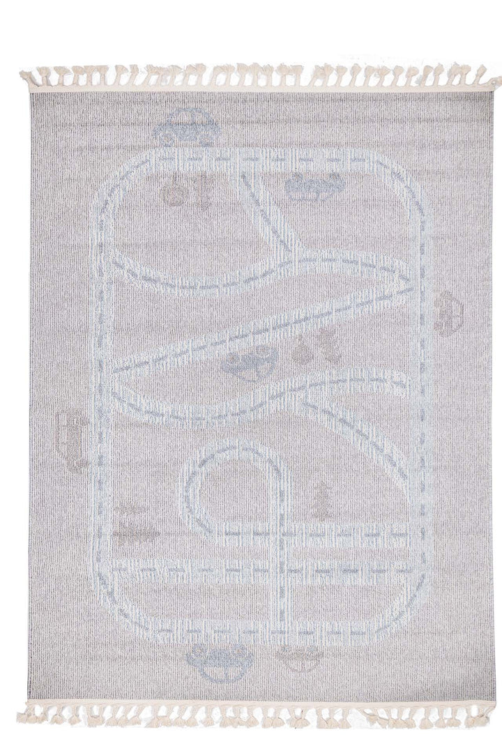 Παιδικό χαλί Royal Carpet σε γκρι χρώμα με σχέδιο δρόμου και γαλάζιες λεπτομέρειες πάνω σε λευκό φόντο.