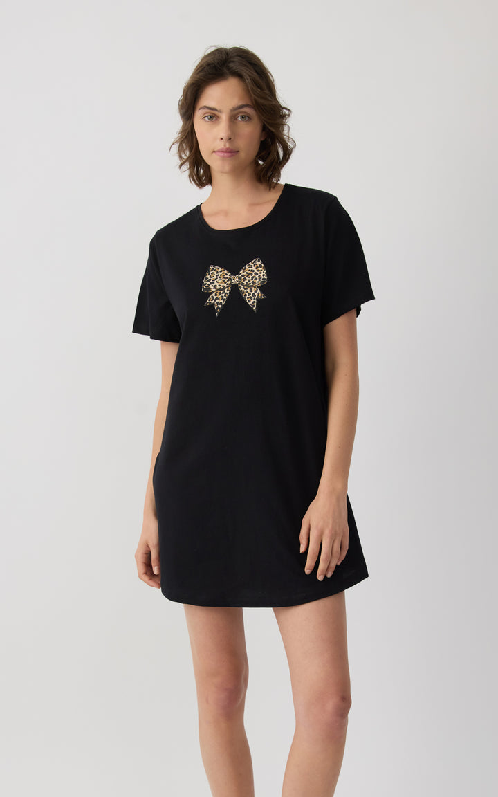 Γυναικείο Νυχτικό σε στυλ T-Shirt Βαμβακερό Κοντομάνικο Μαύρο Με Σχέδιο Φιόγκο Minerva