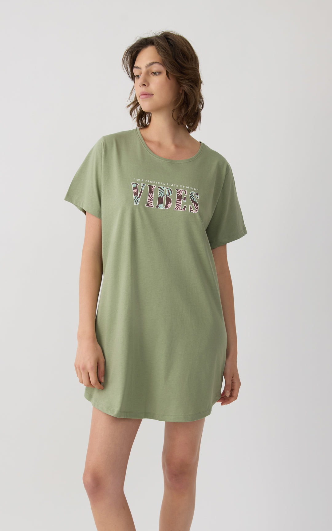 Γυναικείο Νυχτικό σε στυλ T-Shirt Βαμβακερό Κοντομάνικο Χακί με Στάμπα 'Vibes' Minerva