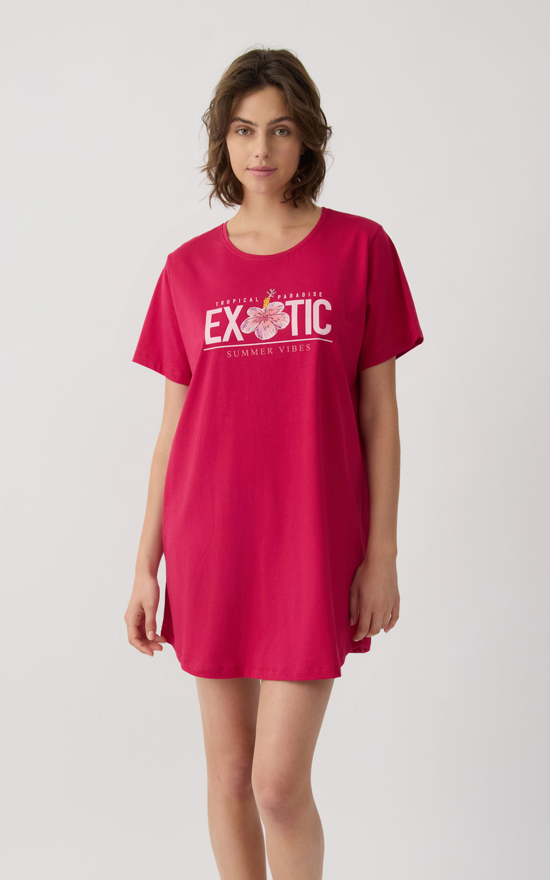 Γυναικείο Νυχτικό σε στυλ T-Shirt Βαμβακερό Κοντομάνικο Κόκκινο με Στάμπα 'Exotic' Minerva